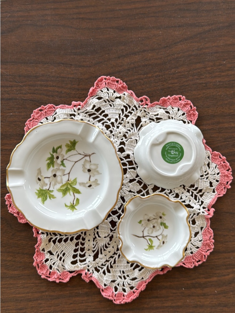 White and Green Floral Porcelain Bowl Set with Gold Trim